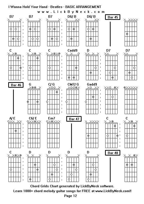 Chord Grids Chart of chord melody fingerstyle guitar song-I Wanna Hold Your Hand - Beatles - BASIC ARRANGEMENT,generated by LickByNeck software.